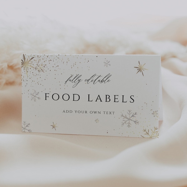 Snowflake Food Card Template, Winter Food Labels, Tent Cards, Birthday Food Tags, Folded Food Cards, Editable, Instant Download