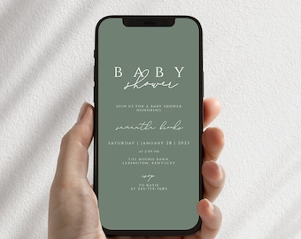 Sage Green Minimalist Baby Shower Evite Digital, Sage Baby Shower Electronic Invitation Template, Text Message Invite, Instant Download