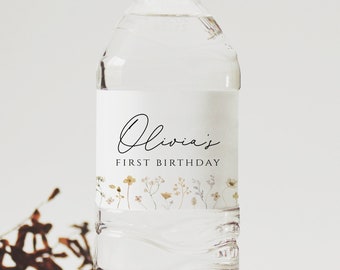Etiquetas de botellas de agua de flores silvestres, Etiqueta de botella floral, Plantilla de etiqueta de botella de agua, Etiquetas digitales de fiesta de cumpleaños, Plantilla de descarga instantánea