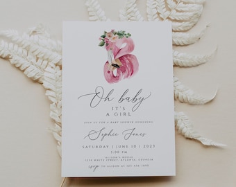 Flamingo Baby Shower Invitation, Girls Baby Shower Invitation, Floral Pink Flamingo Shower Invites, Digital Printable Template Download