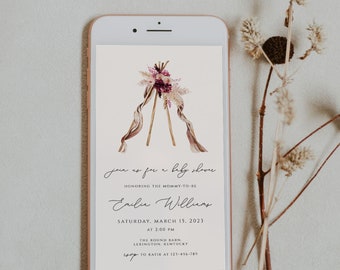 Boho Electronic Baby Shower Invite Baby Shower Text Message Invitation Template Boho Baby Shower Evite, Mobile Phone Invite Digital Download