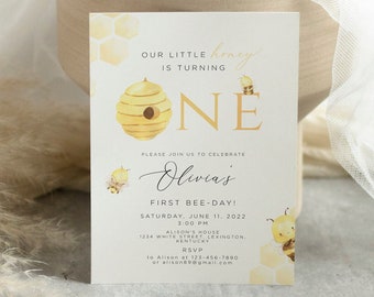 First Bee Day Invitation, Bee Birthday Invitation Template, Bee 1st Birthday Invite, Honey Bee Birthday Party, Instant Download