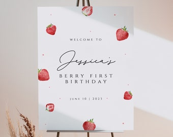 Panneau de bienvenue de 1er anniversaire de fraise modifiable, signe de bienvenue de la fête d’anniversaire de Berry, signe d’anniversaire doux de baies, signe de bienvenue, téléchargement