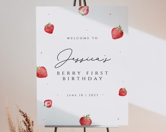 Editable Strawberry 1st Birthday Welcome Sign, Berry First Birthday Party Welcome Sign, Berry Sweet Birthday Sign, Welcome Sign, Download