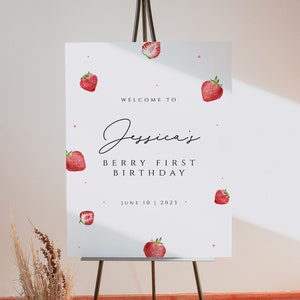Bearbeitbare Erdbeere 1. Geburtstag Willkommensschild, Berry Erster Geburtstagsparty Willkommensschild, Berry Sweet Birthday Sign, Willkommensschild, Download