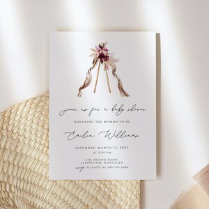 Boho Baby Shower Invitation Template, Pampas Baby Shower Invitation, Girl Baby Shower Invite, Boho Floral Baby Shower, Editable Temlate