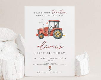 Convite de aniversário de trator, convite de aniversário de trator vermelho minimalista, convite de aniversário de menino, download de modelo editável de aniversário de fazenda