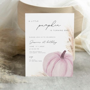 Pink Pumpkin First Birthday Invitation, Our Little Pumpkin 1st Birthday Invite, Fall pampas 1st Birthday Invite, pumpkin birthday invite