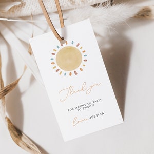Editable Sun Birthday Favor Tags, Sunshine Birthday Thank You Tag Template, Sunshine Gift Labels, Sun Boho Birthday, Printable