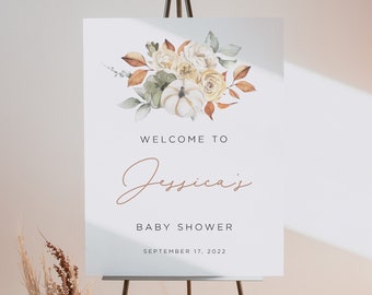Dyniowy znak powitalny na baby shower, Szablon znaku powitalnego na baby shower jesienią, Mała dynia, Edytowalny znak powitalny, Natychmiastowe pobieranie, Jesień