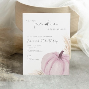 Pink Pumpkin First Birthday Invitation, Our Little Pumpkin 1st Birthday Invite, Fall pampas 1st Birthday Invite, pumpkin birthday invite