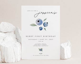 Editable Blueberry Birthday Invitation Template First Birthday Berry Sweet 1st Birthday Party Blueberries Digital Download Printable Invite