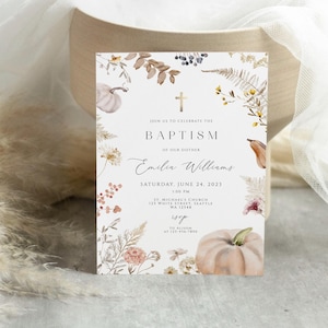 Fall Autumn Baptism Invitation Blush Pink Baptism Invitation Template Baptism Invite Editable Invitation Baby Christening, fallb01