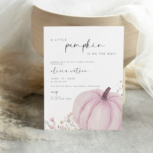 roze pompoen babyshower meisje uitnodiging, kleine pompoen babyshower uitnodigen, val minimalistische babyshower uitnodigen, roze pompoen babyshower
