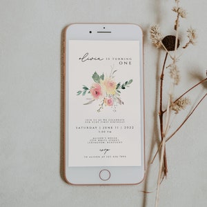 Floral Birthday Evite Template Girls First Birthday Text Invitation Girl Floral Birthday Electronic 1st Birthday Invite, Mobile Phone Invite