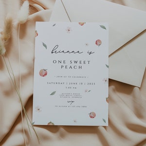 Peach Birthday Invitation, One Sweet Peach First Birthday Invite, Editable Sweet as a Peach Invitation Template, Girl 1st Birthday Download