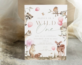 Convite de primeiro aniversário de menina da floresta, convite Wild One, convite de primeiro aniversário de menina, convite de animais da floresta, convite de criaturas da floresta