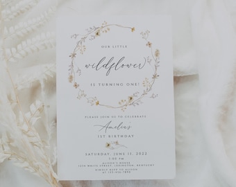 Wildflower First Birthday Invitation Template, 1st Birthday Invitation Girl, Wildflower Birthday Party Invitation, Boho, Instant Download