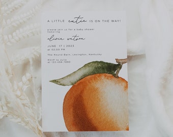 Une petite mignonne est en route Modèle d’invitation à une fête de bébé, Invitation à une douche de bébé orange modifiable Imprimable, Neutre du point de vue du genre, Invitation aux agrumes