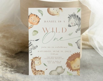Safari First Birthday Invitation, Wild One Invitation, 1st Birthday evite, Safari Animals Invite, Jungle Animals Birthday invitation