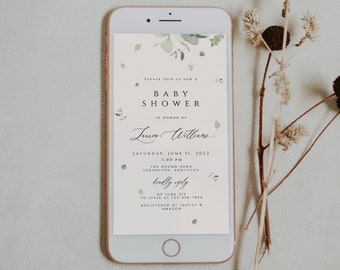 Electronic Baby Shower Invitation, Greenery Text Message Baby Shower Invitation Template, Gender Neutral Baby Shower Evite, Instant Download