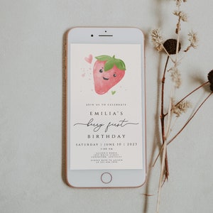 Editable Berry First Birthday Evite, Strawberry 1st Birthday Invitation, Berries Birthday Text Invitation, Digital Invitation, Mobile Phone