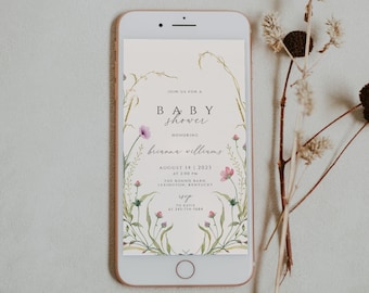 Wildflower Baby Shower Digital Evite Template, Wildflowers Baby Shower Invites, Floral Baby Shower Digital Invitation Electronic Text Invite