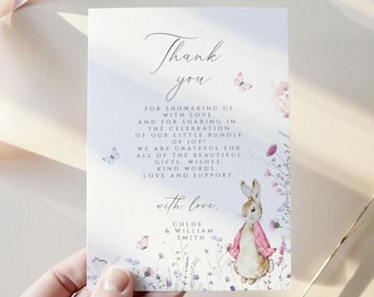 Plantilla de tarjeta de agradecimiento de Peter Rabbit, tarjeta de agradecimiento rosa de Peter Rabbit, un conejito está en camino, tarjeta de agradecimiento, PINKBUNNY
