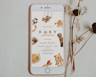Boho Baby Shower Invitation, nursery toys Invitation, Digital Baby Shower Invite, Boho Baby Shower, Gender Neutral phone Invite BTBS14