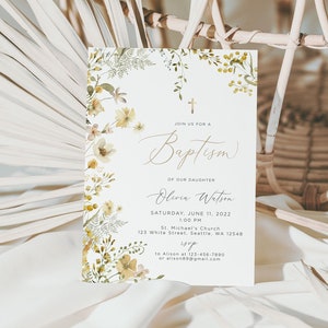 Invito al battesimo per ragazze, Invito al battesimo di fiori selvatici, Invito al battesimo, battesimo minimalista per bambini, battesimo floreale