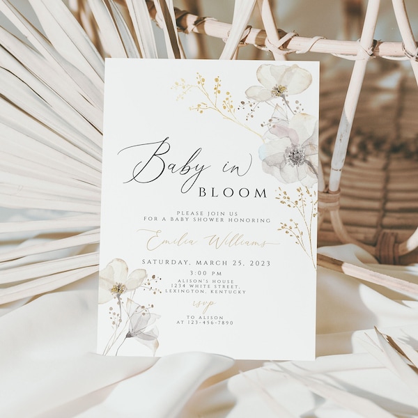 Minimalist wildflower Baby Shower Invitation, Baby in Bloom Invitation, Girl Baby Shower Invite, Floral Baby Baby Brunch invitation