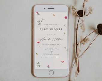 Wildflower Baby Shower Evite Template, Wildflowers Baby Shower Text Invites, Boho Baby Shower Digital Invitation, Electronic, Mobile Phone