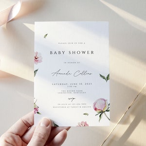 Pink Floral Baby Shower Invitation, Peony Baby Shower Invitation Template, Girl Baby Shower Invite Flowers, DIY Editable Template, Templett