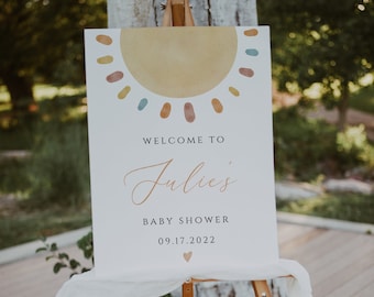 Sunshine Baby Shower Willkommensschild Vorlage, Boho Sonne Willkommensschild, Baby Shower Welcome Poster, unser Little Sunshine, druckbar, editierbar