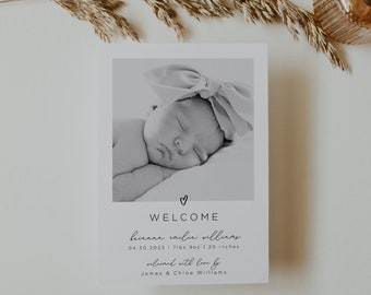 Modello di annuncio di nascita, Biglietto di annuncio bambino fotografico, Annuncio di nascita neonatale, Benvenuto, Moderno minimalista, Download istantaneo modificabile