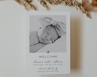 Birth Announcement Template, Photo Baby Announcement Card, Newborn Birth Announcement, Welcome, Modern Minimalist, Editable Instant Download