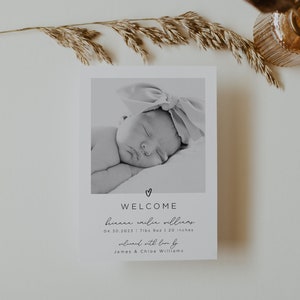 Modèle de faire-part de naissance, Carte photo d’annonce de bébé, Faire-part de naissance nouveau-né, Bienvenue, Minimaliste moderne, Téléchargement instantané modifiable