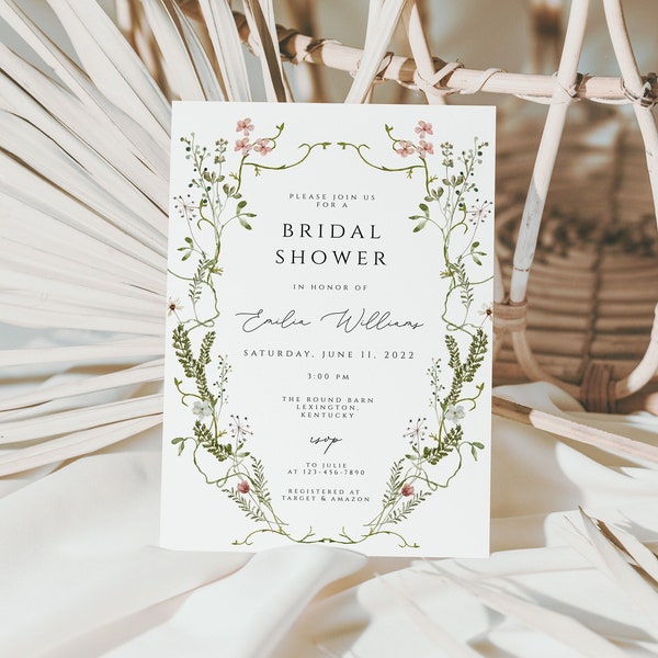 Wildflower Bridal Shower Invitation, flowers bridal shower Invitation, wreath greenery bridal Shower Invite