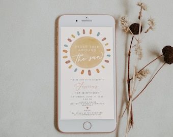 First Trip Around The Sun Birthday Evite, Editable Sun Birthday Text Invitation, 1st Birthday Sunshine, Paperless Digital Invitation