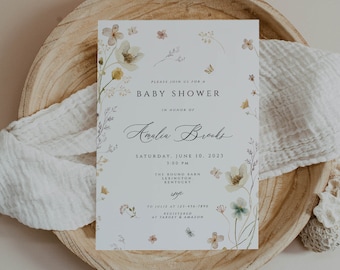 Wildflower Baby Shower Invitation, white flowers Baby Shower Invitation , Boho Wildflower Invite, Floral Baby Shower, baby bruhch hello baby