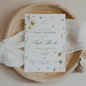 Wildflower Baby Shower Invitation, white flowers Baby Shower Invitation , Boho Wildflower Invite, Floral Baby Shower, baby bruhch hello baby image 1