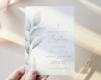 Gold Baptism Invitation Template, Editable Greenery Baptism Invitation, Boy Girl Baptism Invitation, Editable Invite, Printable Christening