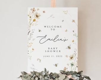 Mommy to Bee Baby Shower Welcome Sign, Honey Bee Wildflower Welcome Sign, Baby Shower Bee Sign, Editable Template Instant Download