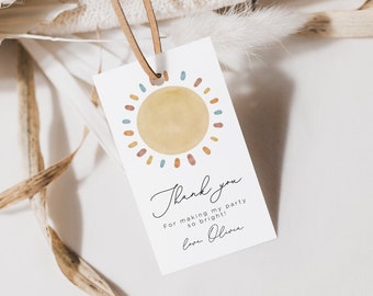 Editable Sun Birthday Favor Tags, Sunshine Birthday Thank You Tag Template, Sunshine Gift Labels, Sun Boho Birthday, Printable