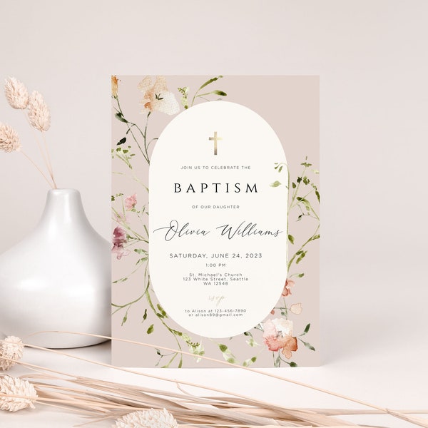 Elegant wildflower Baptism Invitation, beige Baptism Invitation Template, Baptism Invite, Baby Girl Christening, Floral Baptism