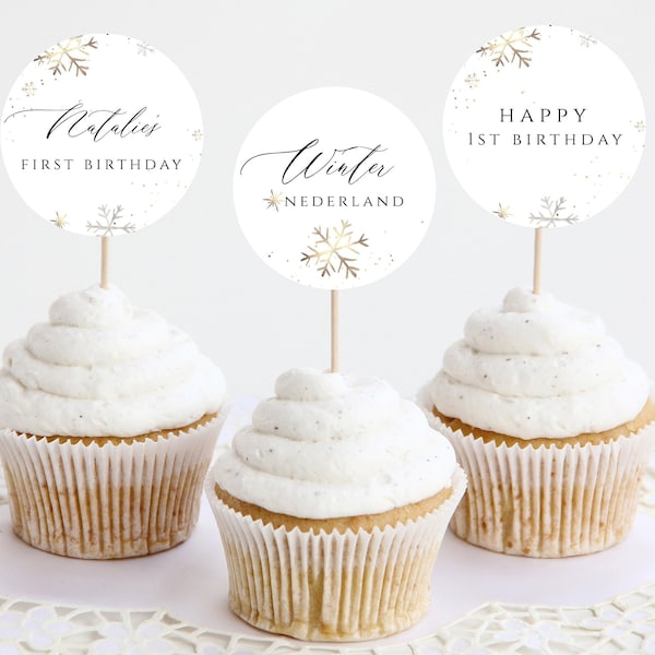 Editable Snowflake Birthday Cupcake Toppers, Winter Cupcake Toppers, Winter Onederland Party Decorations, Printable Digital Instant Download