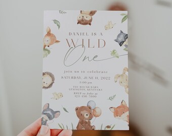 Convite de primeiro aniversário da floresta, convite do Wild One, convite de primeiro aniversário, convite de animais da floresta, aniversário de criaturas da floresta, WOBH2
