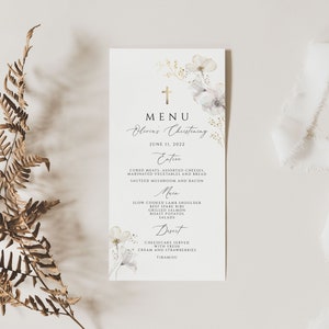 Modelo de menu de batismo floral, menu de mesa de batizado para impressão, cartões de menu minimalistas, menu de batismo floral Boho