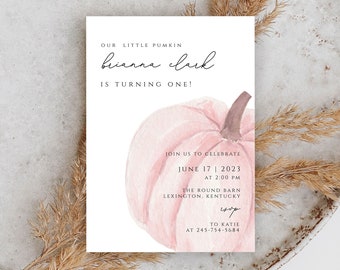 pink Pumpkin First Birthday Invitation Template, Our Little Pumpkin 1st Birthday girl Invite, Fall Autumn 1st Birthday Invites, girl pumpkin