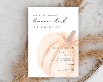 Pumpkin First Birthday Invitation Template, Our Little Pumpkin 1st Birthday girl Invite, Fall Autumn 1st Birthday Invites, girl pumpkin
